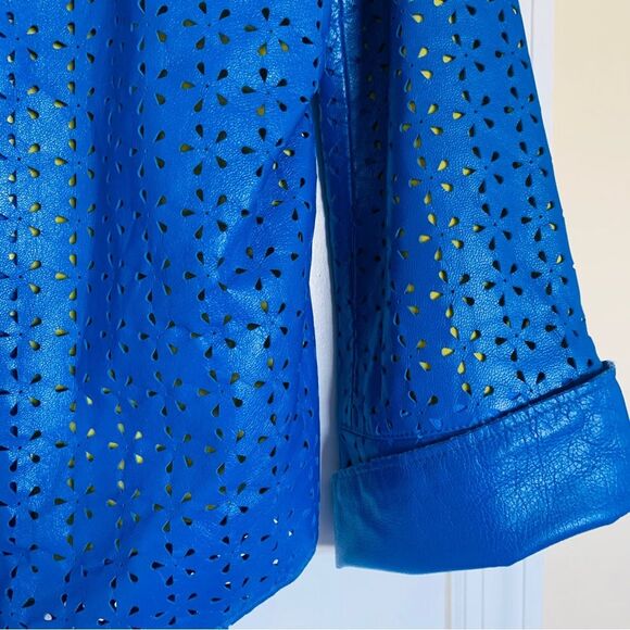 dianaira Royal Blue Perforated Floral Pattern Lambskin Leather Blazer Jacket - Picture 2 of 9